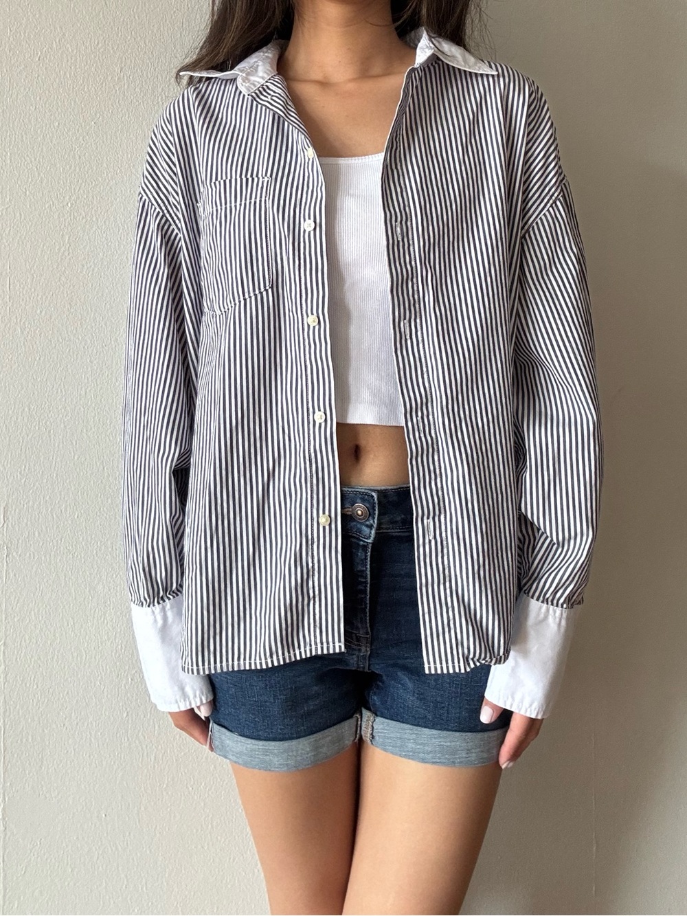 Gap 100% cotton oversized white and navy striped button up shirt